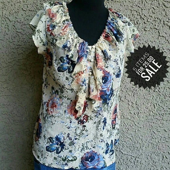 Womens a.n.a. Blouse Sz PS Short Sleeve Ruffle Floral Top - Picture 1 of 8